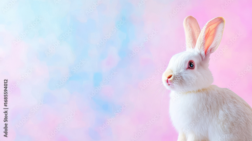 Fototapeta premium Cute rabbit with soft white fur sits against pastel pink and blue background, evoking sense of calm and joy