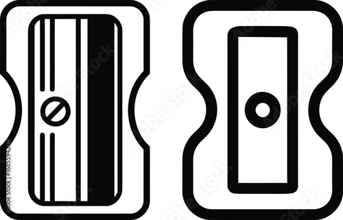 Two simple line art illustrations of a pencil sharpener viewed from the front and back