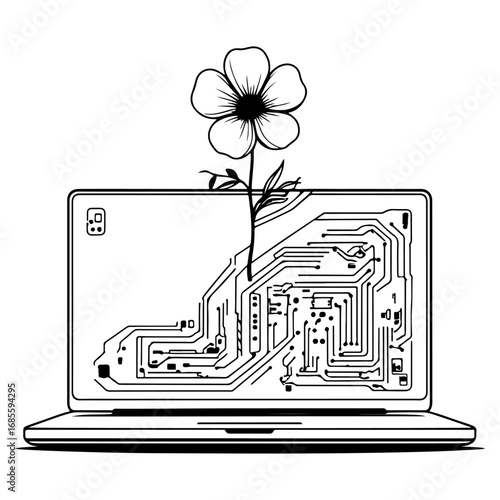 A flower is emerging from a laptop computer, which can depict the concept of digital art, green technology, and eco-friendly innovation.