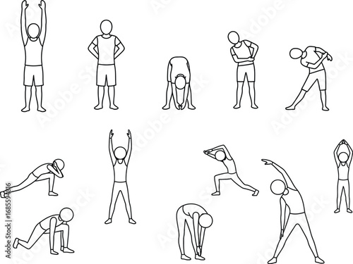 Essential stretching and warm-up exercises, depicted with simple stick figures, demonstrating fundamental movements for sport, fitness, and active living routines