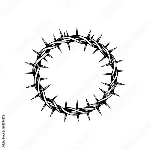 Black and white illustration of a crown of thorns with sharp spikes religious symbol christianity