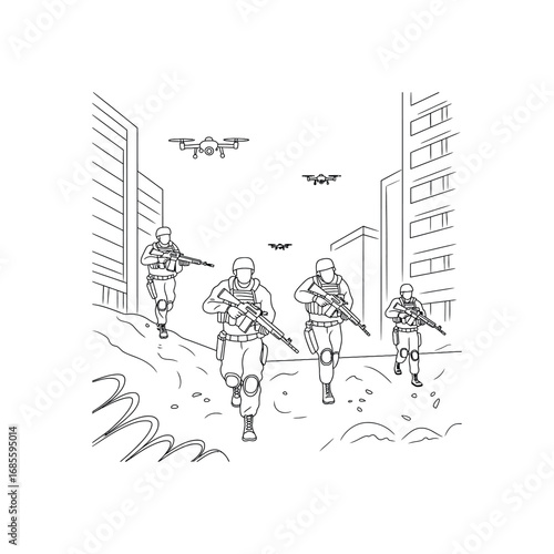 Four soldiers with rifles advance through a city street with drones overhead military warfare