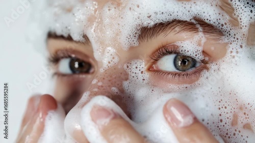 A close-up shot of a person's face with soap applied, potentially for cleansing or exfoliating