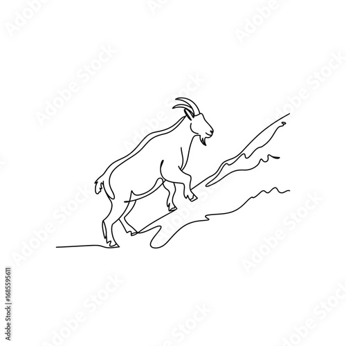 Single line drawing of a goat climbing a rocky mountain slope animal wildlife
