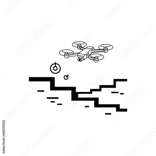 Black line drawing of a quadcopter drone with camera above abstract landscape aerial technology