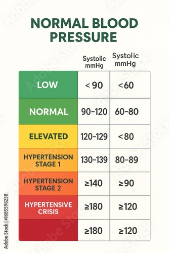 Normal blood pressure chart displaying low normal elevated and hypertension stages with systolic and diastolic values