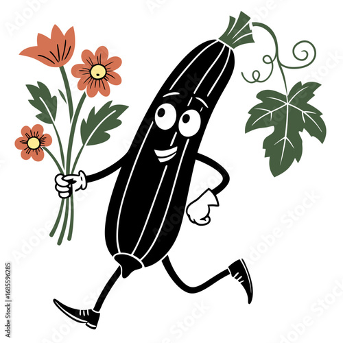 Cartoon zucchini character running with flowers and a leaf vine on a white background design style vector illustration