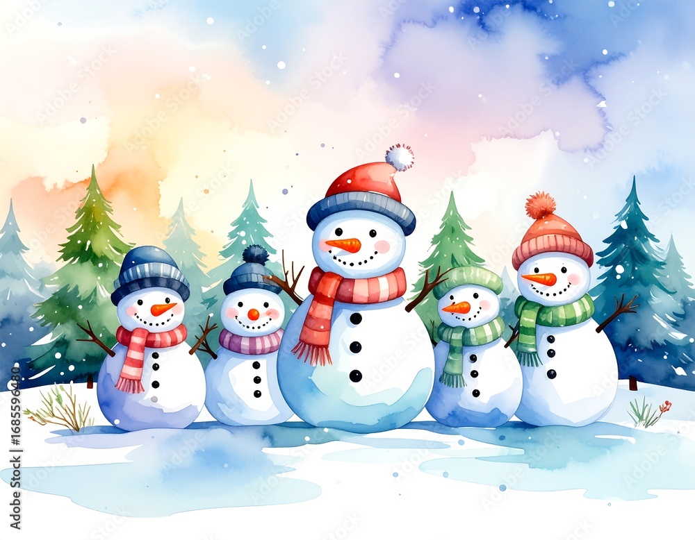 Fototapeta premium Watercolor snowmen family in winter scene