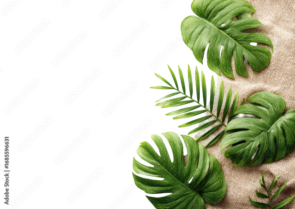 Fototapeta premium Tropical leaves on sand background