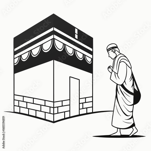 Illustration of a muslim pilgrim walking towards the kaaba in mecca