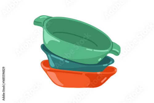 Stack of bowls or basins of different colors. A kitchen pile of dishes in a flat style. Vector illustration