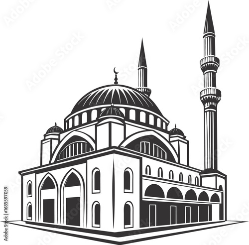 Illustration of a grand mosque with a large dome and tall minarets