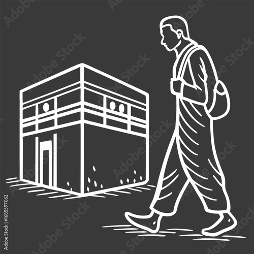 Vector art of outline drawing of the kaaba in mecca with a pilgrim walking, symbolizing islamic journey and devotion in a minimalist style