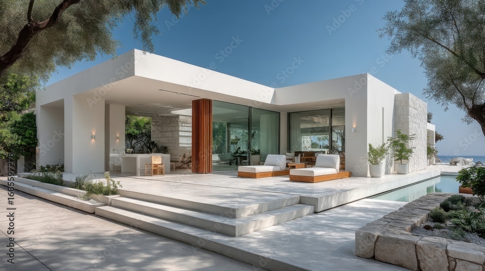 Fototapeta premium Modern minimalist architectural residence with clean lines, large glass windows, outdoor pool area, lounge chairs,