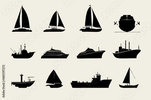 Icon Sheet of Sixteen Nautical Vessel Silhouettes Arranged in a Minimalist 4x4 Grid for Graphic Design Projects