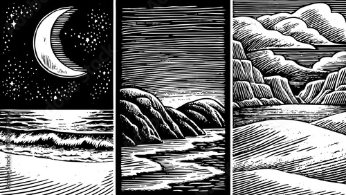 rustic beach life concept illustrated with a hand-drawn doodle icon set, featuring the moon, beach, sea, and rocks, perfect for coastal design projects, ocean-inspired artwork