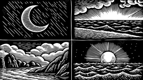 rustic beach life concept illustrated with a hand-drawn doodle icon set, featuring the moon, beach, sea, and rocks, perfect for coastal design projects, ocean-inspired artwork