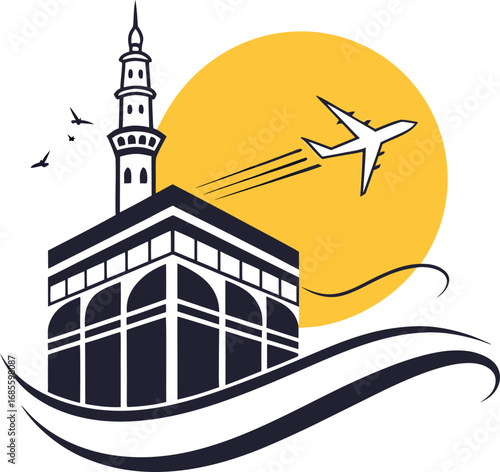 Vector art of islamic pilgrimage travel logo with kaaba, mosque, airplane and sun design
