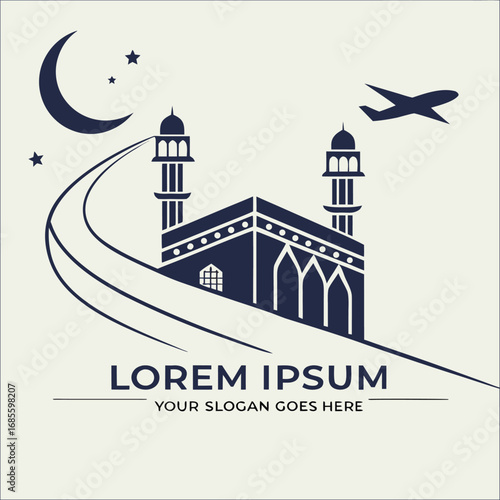 Vector art of mosque and airplane under a crescent moon and stars, vector logo