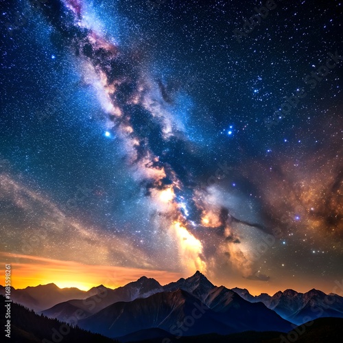 Vibrant milky way galaxy over majestic mountain range under starry night sky