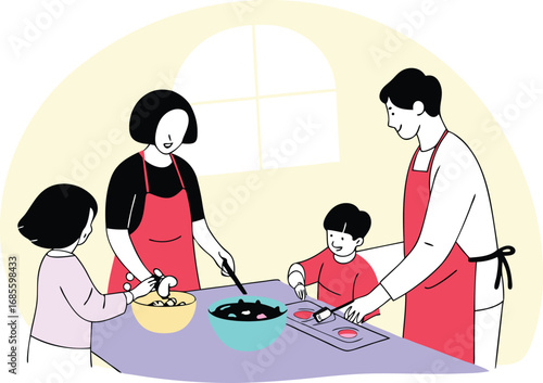 Diverse family of four happily cooking together in a kitchen vector illustration