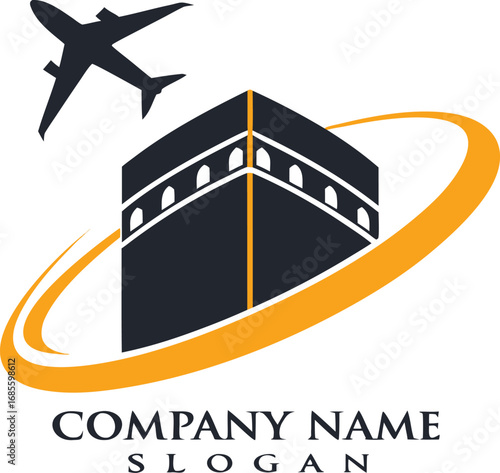 Vector art of airplane circling the kaaba, representing travel and islamic journey