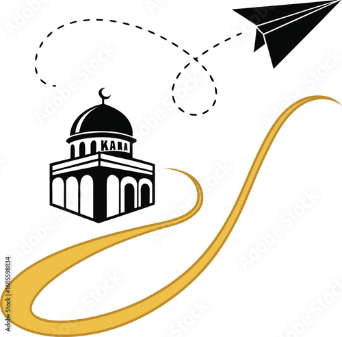Vector art of creative hajj and umrah travel concept with paper airplane and mosque