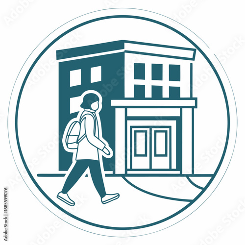 Vector art of student walking towards school building with backpack and mask