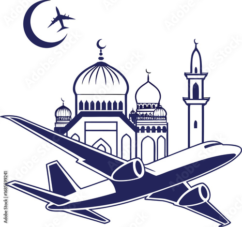 Vector art of islamic mosque and airplane travel