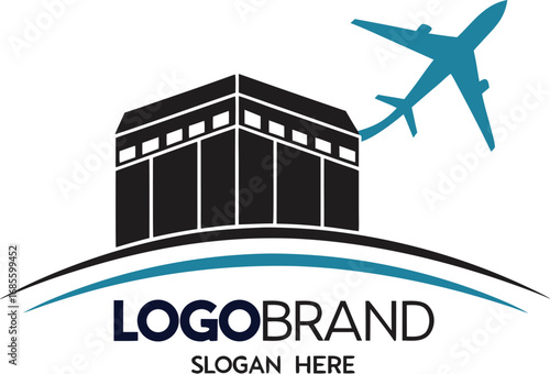 Vector art of islamic travel logo with kaaba and airplane, representing hajj and umrah journeys