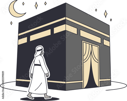 Vector art of man walking towards the kaaba under the night sky with crescent moon and stars