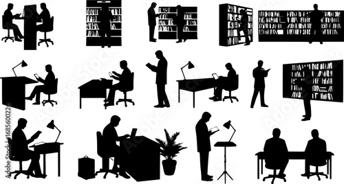 Silhouettes of people reading and working in a library with bookshelves and desks depicted in black | editable eps vectors
