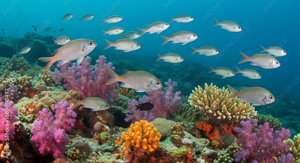 Fototapeta premium School of fish swimming over colorful coral reef in a clear ocean