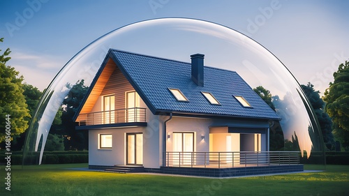 Modern house protected inside transparent glass dome symbolizing safety and home insurance security 
