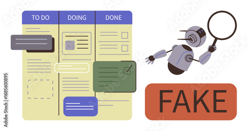 Robot examining task board with categories To Do, Doing, and Done while highlighting fake content. Ideal for AI verification, productivity, task management, automation, fact-checking, quality