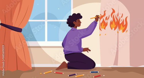 Person Drawing Fire on Curtains – Creative Illustration