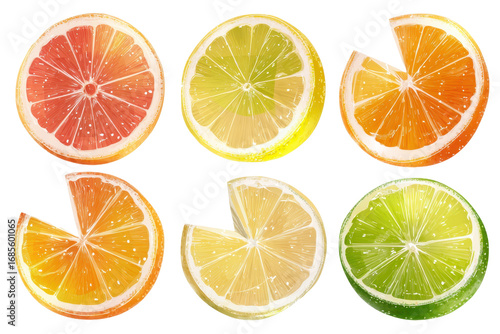 Citrus fruit wheel slices of grapefruit, orange, lemon, lime PNG set, cutout isolated on transparent background. Fresh drink garnish decoration graphic resource
