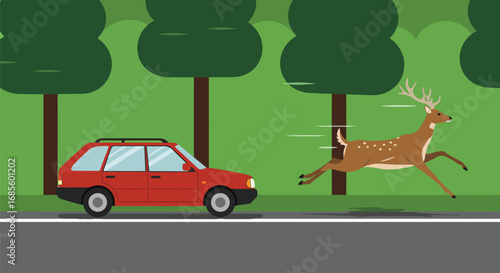 Car and Deer Running Alongside Each Other – Wildlife and Traffic Illustration