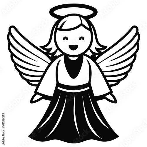 Cute Angel Line Art with Halo, Wings, and Flowing Dress in Minimalist Style