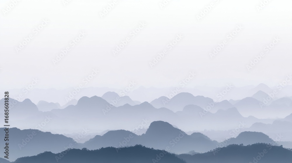 Fototapeta premium Digital artwork showcasing layered mountain ranges with serene natural beauty, majestic peaks, tranquil scenery,