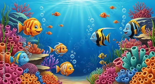 Fototapeta Naklejka Na Ścianę i Meble -  Colorful cartoon fish swimming in a vibrant coral reef underwater scene