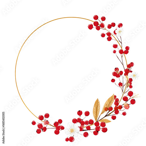 Gold circle frame adorned with red berries, small white blossoms, and autumnal leaves