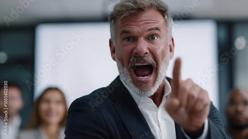 Furious senior business manager aggressively points his finger while yelling during a corporate meeting or presentation conveying intense emotion