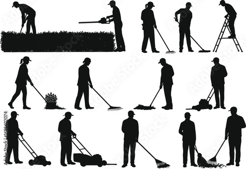 Silhouette of Workers Performing Gardening, Lawn Mowing, Raking, Trimming, and Yard Maintenance Tasks, Vector Illustration on White Background