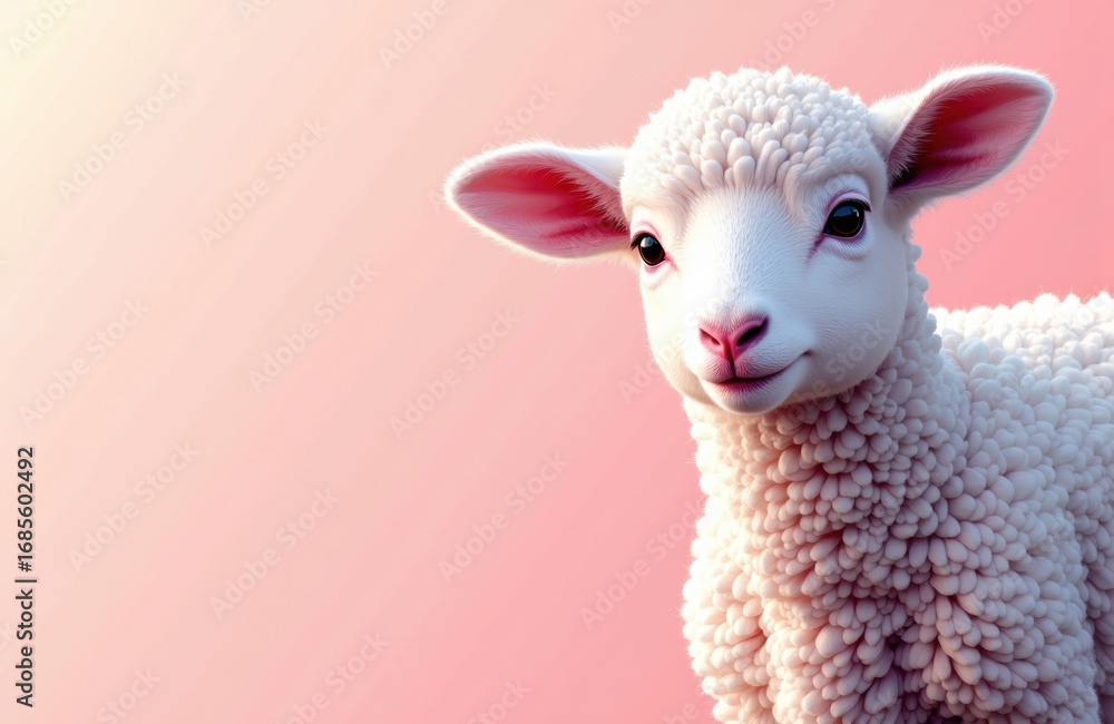 Naklejka premium A cute lamb with fluffy wool and gentle expression against a soft pink background