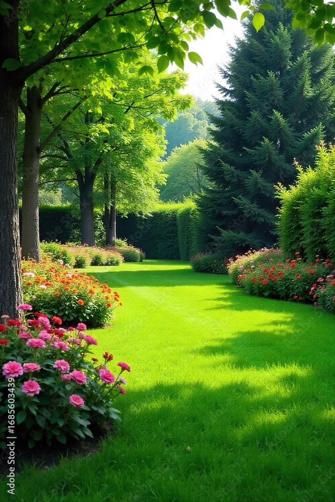 Obraz premium Serene garden landscape featuring lush green grass, vibrant flowers, and mature trees creating a peaceful outdoor oasis Perfect for relaxation and tranquility , foliage, bloom