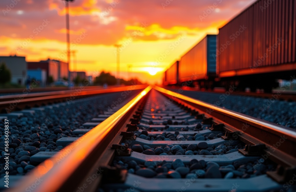 Obraz premium A freight train moves along railway tracks at sunset with a vibrant orange sky in the background