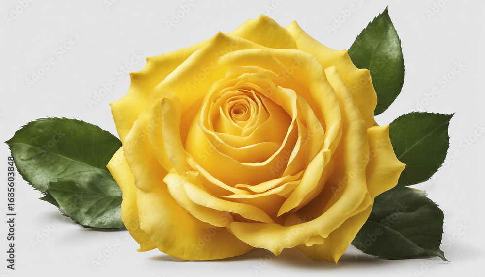 Fototapeta premium Single yellow rose centered on a minimalist white surface | Bright yellow rose in full bloom against a plain white background. Generative AI