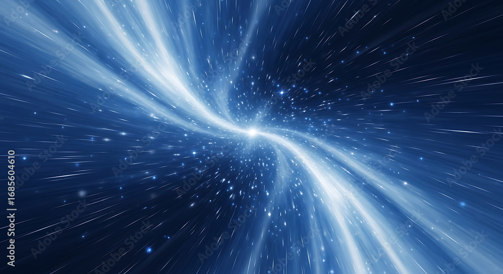 Naklejka premium Hyperspace light speed travel through a wormhole in space with blue streaks and stars creating a sense of cosmic journey and exploration of the universe