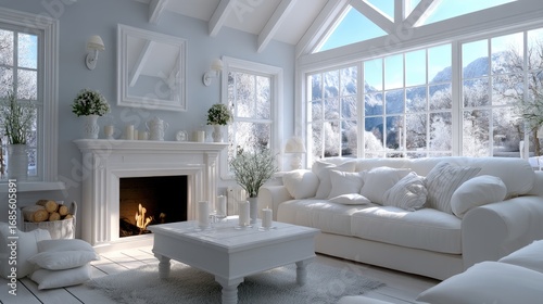 Cozy living area features a fireplace, modern furniture, and an inviting atmosphere, complemented by a serene winter landscape outside